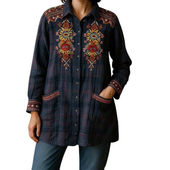 Johnny Was Workshop Navy Plaid Embroidered Floral Painter’s Smock Tunic Top Sz L - Picture 1 of 16